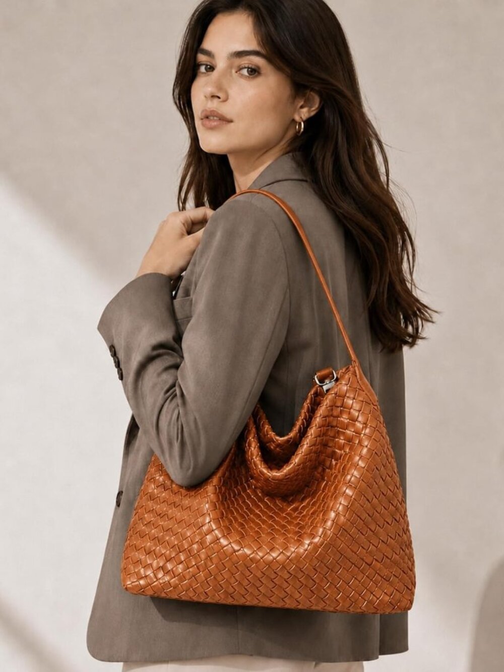 Women's Braided Suede Tote Bag Stylish Suede Hobo Shoulder Bag with Woven Detail - Picture 2 of 6